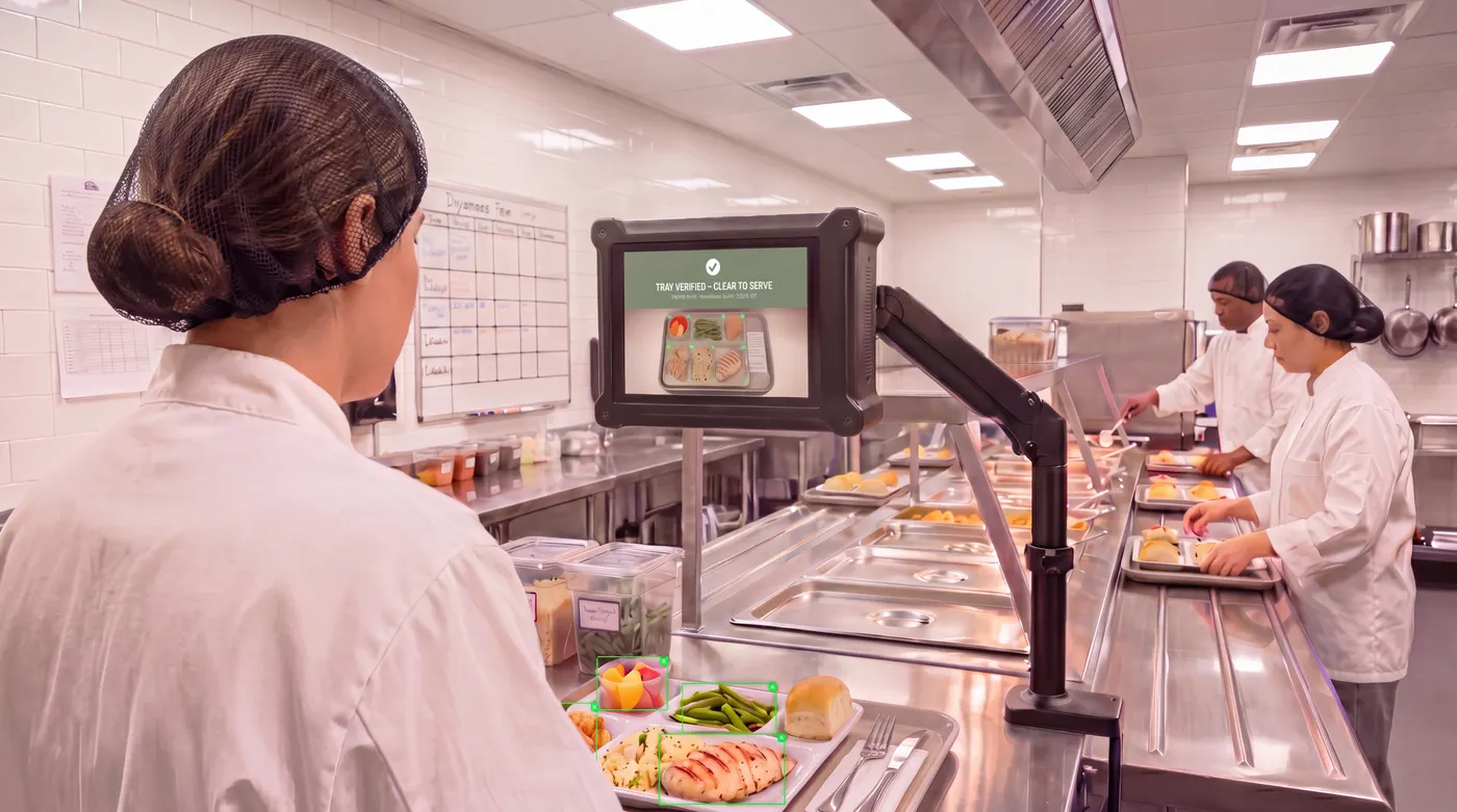 Kitchen staff at a tray line with a TrayVerify scan point showing a verified tray.