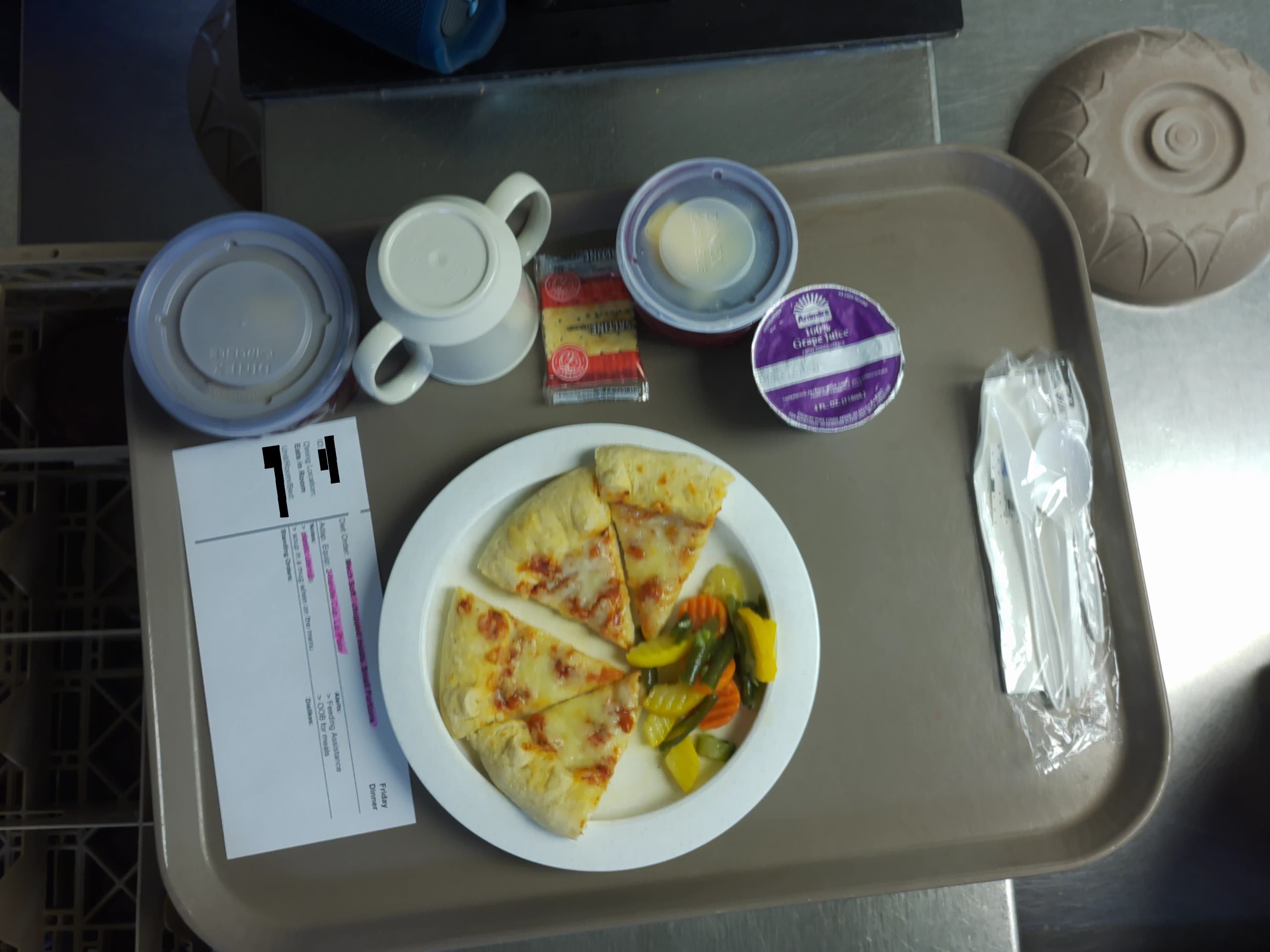 Tray photo: mechanical-soft ticket, pizza slices with intact crust, and large vegetable pieces.