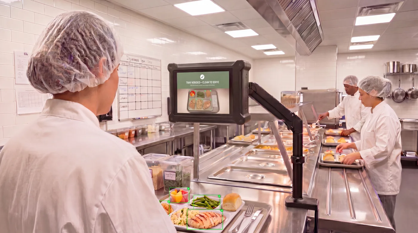 Chef looking at TrayVerify device — screen reads TRAY VERIFIED / CLEAR TO SERVE, tray below shows AI bounding boxes around each food item