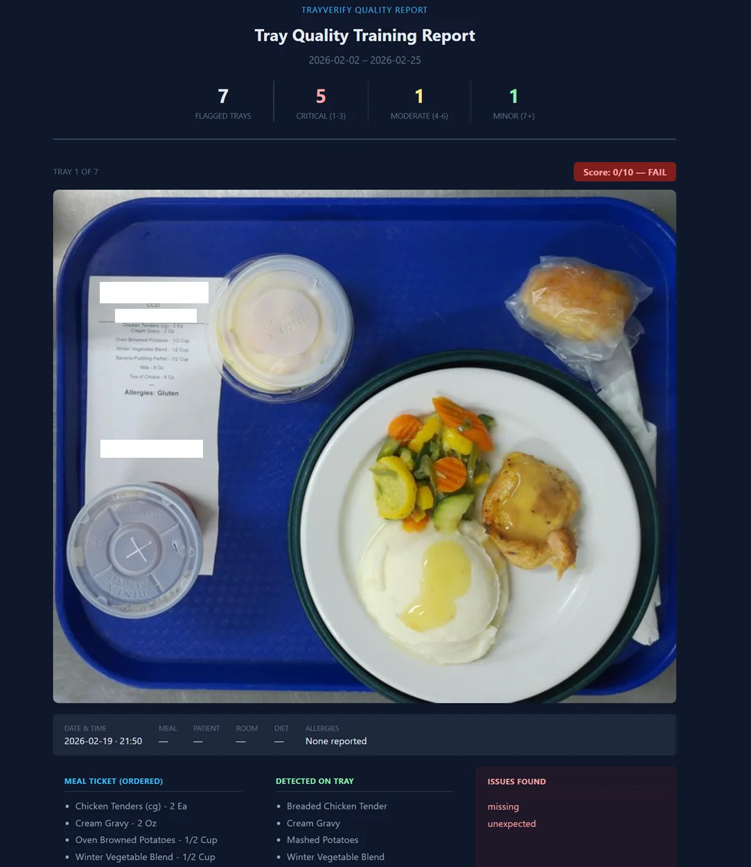 Dinner tray with breaded chicken tenders, mashed potatoes, and a vegetable blend beside a meal ticket